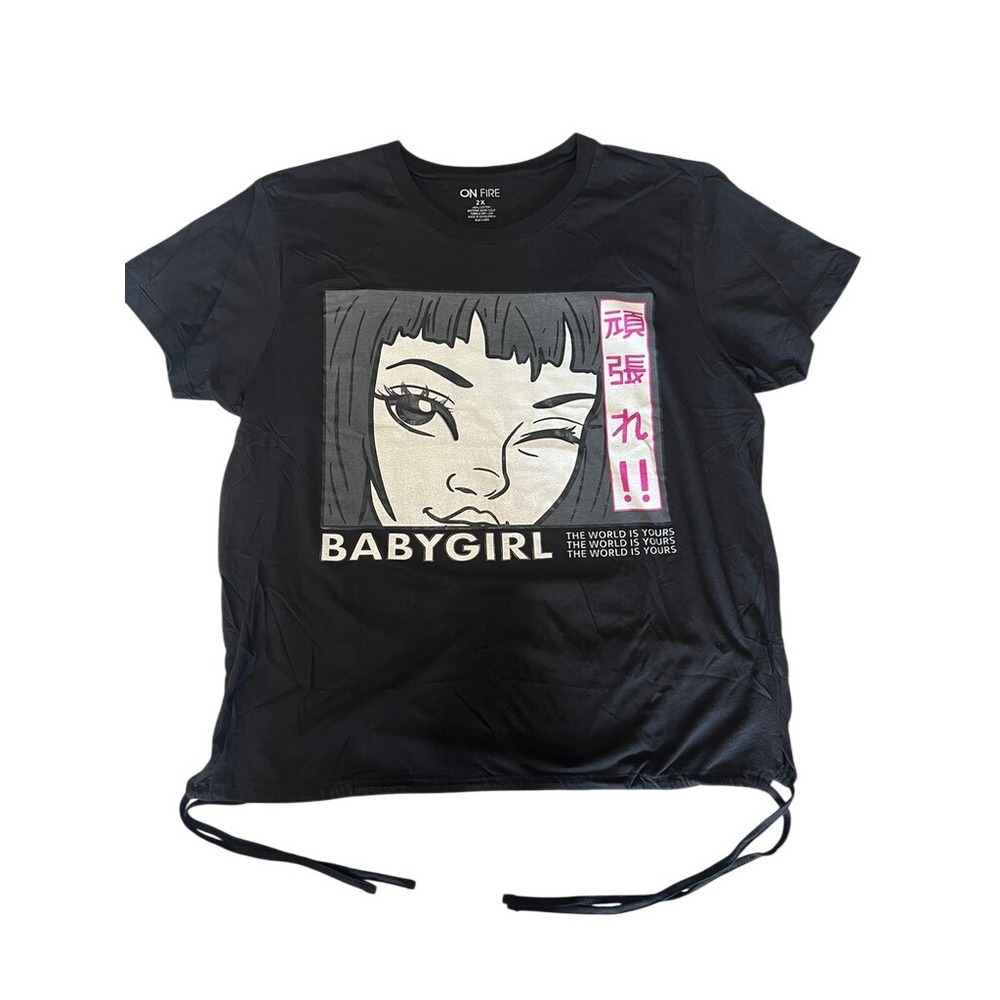 On Fire Babygirl Anime Graphic Tee Black Short Sleeve Drawstring Hem Shirt 2X
